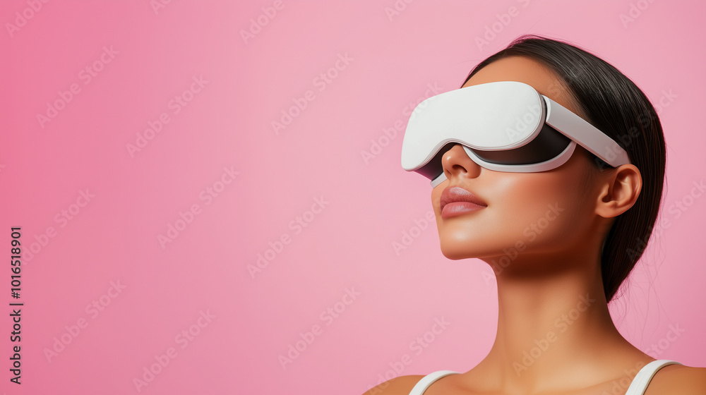 woman wearing modern virtual reality goggles against pink background, showcasing blend of technology and beauty. image captures sense of innovation and curiosity. woman wearing modern virtual reality goggles against pink background, showcasing blend of technology and beauty. image captures sense of innovation and curiosity.