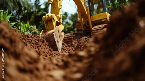 Baumaschinen: Bagger graben Erde für Fundamentarbeiten in tropischer Umgebung photo