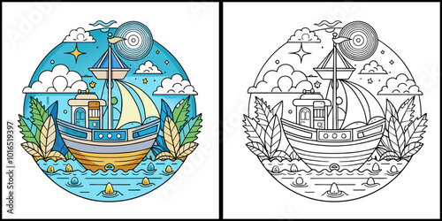 boat Coloring Page vector illustration