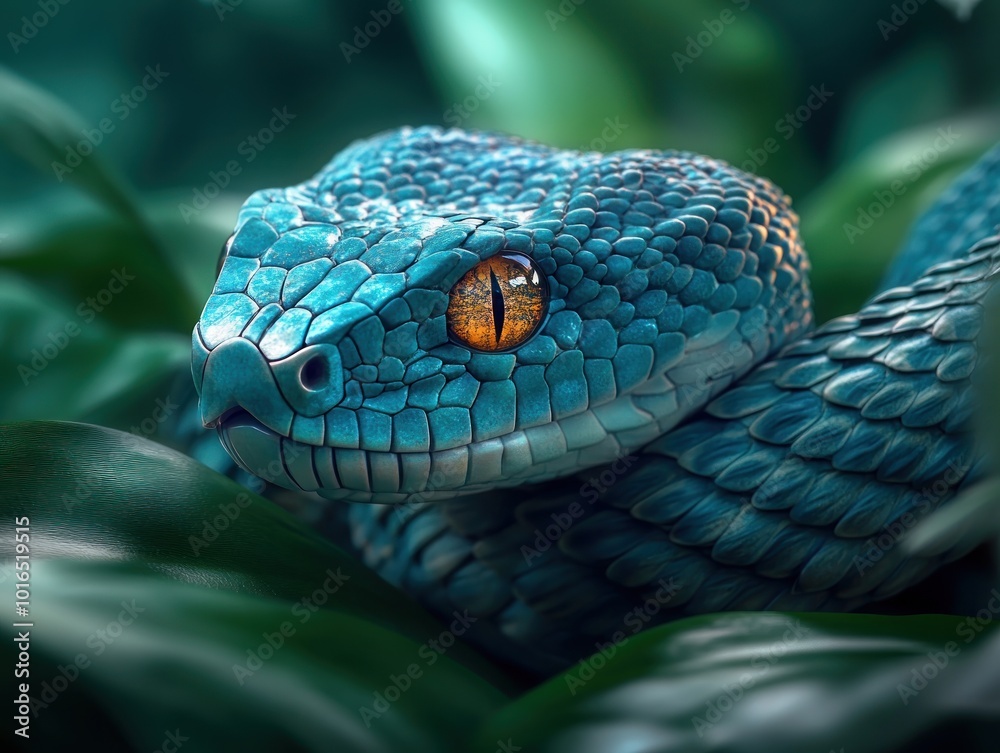 Fototapeta premium A Vibrant Blue Snake Camouflaged in Lush Green Foliage, Winding Through the Forest Undergrowth, Its Scales Shimmering in the Sunlight, A Master of Disguise, Blending Seamlessly with Its Surroundings