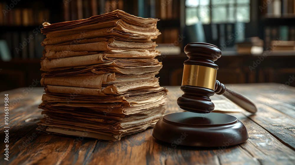 A stack of documents and an upright gavel on the table.
A stack of documents and an upright gavel on the table.