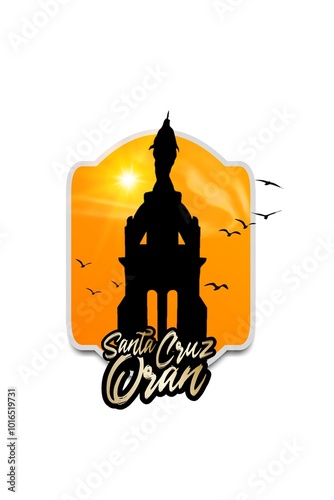 Santa Cruz Chapel located on the top of Murdjajou mountain in Oran, Algeria. Beautiful Sunset illustration background isolated on white template, this graphic design can be used for tourism, postcard.