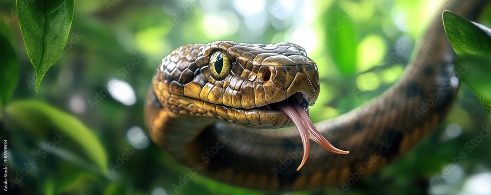 Camouflaged Snake with Flicking Tongue in a Lush Forest Setting, A Stunning Display of Nature's Hidden Beauty and Stealth Camouflaged Snake with Flicking Tongue in a Lush Forest Setting, A Stunning Display of Nature's Hidden Beauty and Stealth