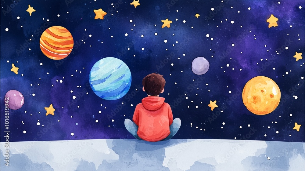 Naklejka premium A young boy in a red hoodie gazes at colorful planets and stars in a dreamy night sky.