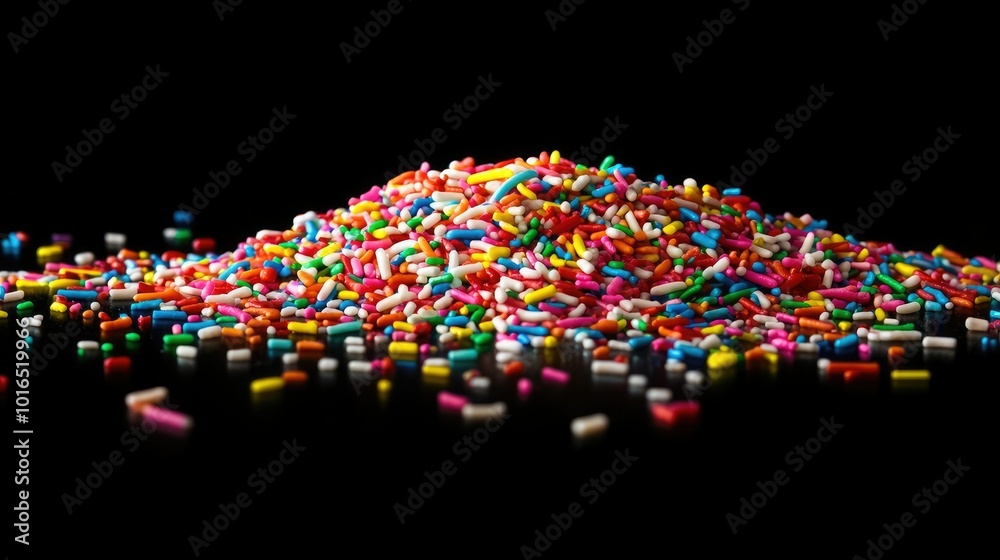 A chaotic yet artistic pile of candy sprinkles forming a colorful mess on a glossy black surface A chaotic yet artistic pile of candy sprinkles forming a colorful mess on a glossy black surface