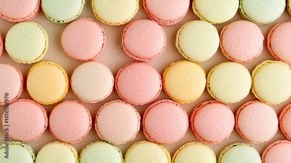 Macarons in various shades of pink, yellow, and green arranged symmetrically in rows, viewed from above, with plenty of open space for adding text Macarons in various shades of pink, yellow, and green arranged symmetrically in rows, viewed from above, with plenty of open space for adding text