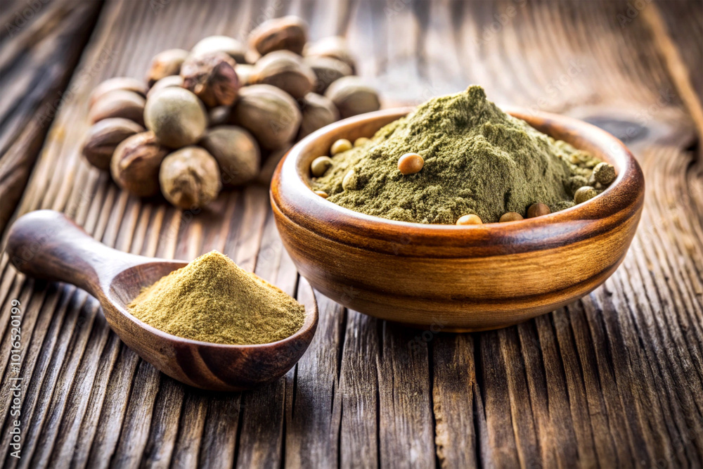 Triphala with herbal powder, isolated on wooden background Triphala with herbal powder, isolated on wooden background