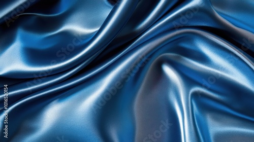 A close-up of luxurious blue satin fabric, showcasing its smooth and elegant texture with flowing waves, perfect for fashion and interior design applications.