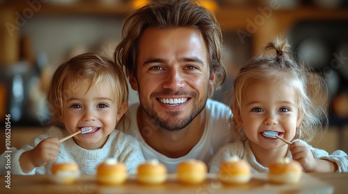 father,two small children brushing teeth indoors at home sustainable lifestyle concept.stock image