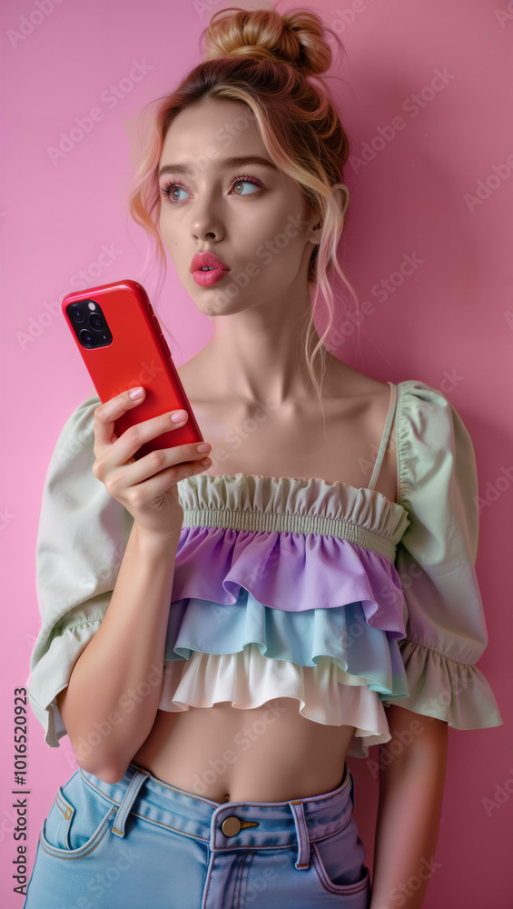 A stylish young woman poses with a smartphone against a vibrant pink background, exuding confidence and modernity. This image is perfect for fashion blogs, social media campaigns, tech advertisements A stylish young woman poses with a smartphone against a vibrant pink background, exuding confidence and modernity. This image is perfect for fashion blogs, social media campaigns, tech advertisements