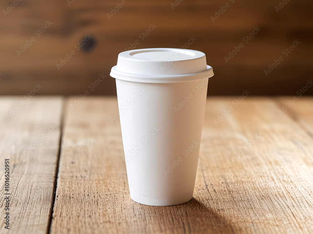 Paper cup for coffee or tea on wooden table, mock up