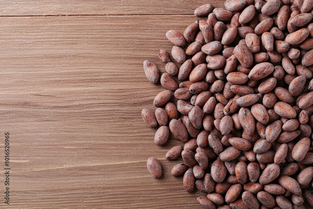 Cocoa beans scattered on a wooden surface, natural texture and rich colors. Cocoa beans scattered on a wooden surface, natural texture and rich colors.