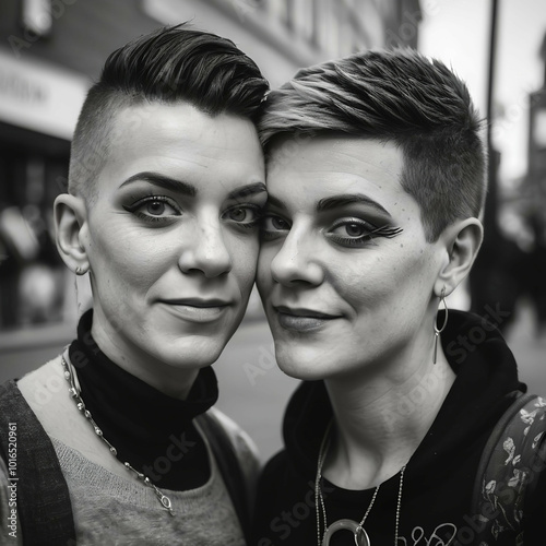 Happy LGBTQ Friends at Pride Parade | Urban Celebration of Diversity | Joyful and Smiling | Black and White | Equality and Love