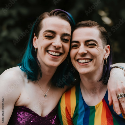 LGBTQ+ Pride Festival Candid | Two Friends Smiling and Laughing | Vibrant Event | Rainbow Flag, Colorful Hair, Inclusive Atmosphere