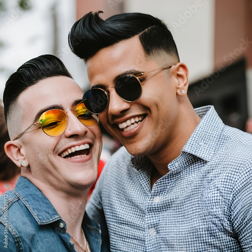 Candid LGBTQ Pride Moment | Two Friends Sharing Laughter | Rainbow Flag and Colorful Hair | Inclusive Street Festival Celebration