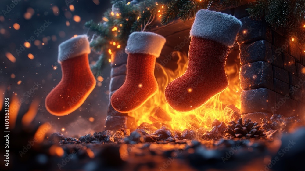Cozy Christmas Fireplace with Glowing Flames and Stocking Decor, Festive Holiday Cheer and Warmth for Winter Cozy Christmas Fireplace with Glowing Flames and Stocking Decor, Festive Holiday Cheer and Warmth for Winter