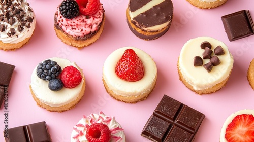 Top view of mini cheesecakes with vibrant fruit toppings, placed alongside chocolates and cookies on a pastel-colored background. A dessert love