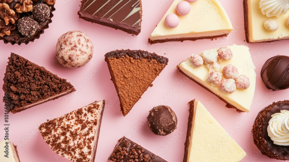 Top view of rich cheesecake slices with different toppings, alongside chocolate truffles and other sweet delights on a pastel-colored background. - Top view of rich cheesecake slices with different toppings, alongside chocolate truffles and other sweet delights on a pastel-colored background. -
