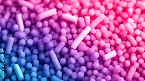 A close-up of candy sprinkles forming a gradient from light to dark colors, blending from pinks to purples and blues