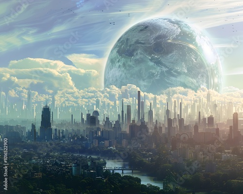 Futuristic Cityscape with Sunshields and Geoengineering Counteracting Global Warming photo