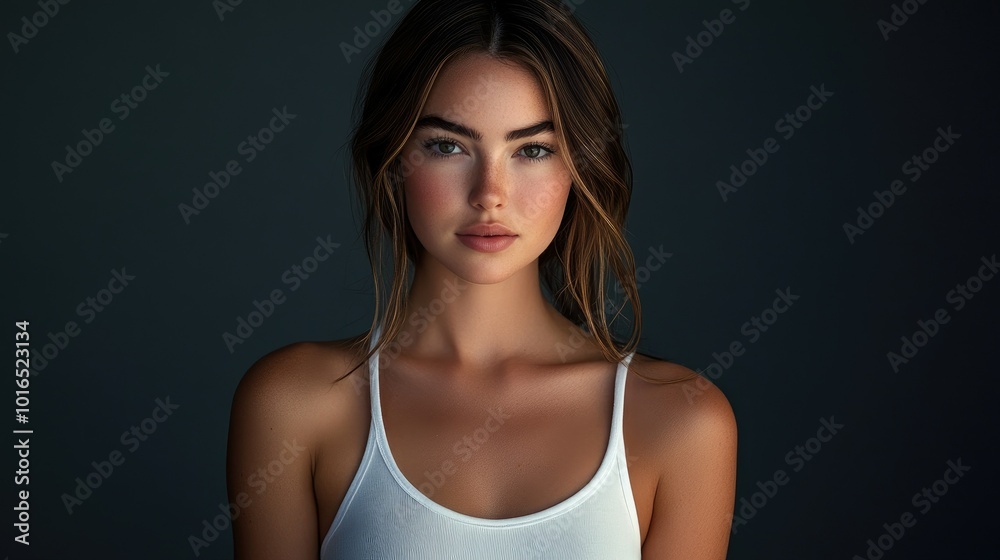 Beautiful brunette in white t-shirt doing breast self-examination Breast Cancer female breast, support, prevention, mammography, screening, oncology, cancer treatment. Beautiful brunette in white t-shirt doing breast self-examination Breast Cancer female breast, support, prevention, mammography, screening, oncology, cancer treatment.