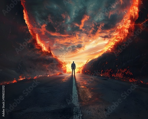 Lone Figure Witnessing the Apocalyptic Rift in the Earth s Horizon as Molten Lava Erupts photo