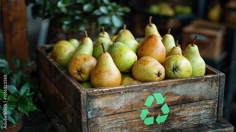 fresh ripe pears,a green recycle symbol on a wooden box representing an organic food concept and the importance of eating sustainable groceries sourced from local farmers markets.create by F.a fresh ripe pears,a green recycle symbol on a wooden box representing an organic food concept and the importance of eating sustainable groceries sourced from local farmers markets.create by F.a