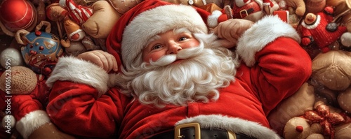 Santa Claus Surrounded by Toys in His Cozy Workshop, Christmas Preparations and Festive Cheer, Noel Spirit, Holiday Magic