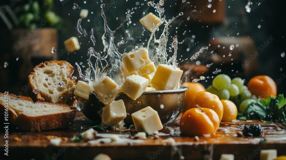 Cheese Cubes Splashing into a Bowl with Bread and Fruit Cheese Cubes Splashing into a Bowl with Bread and Fruit