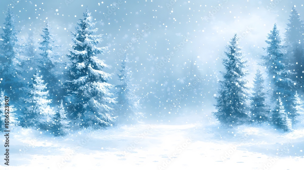 Flat vector illustration of a winter wonderland scene with snowflakes and pine trees, perfect for New Year card mockup