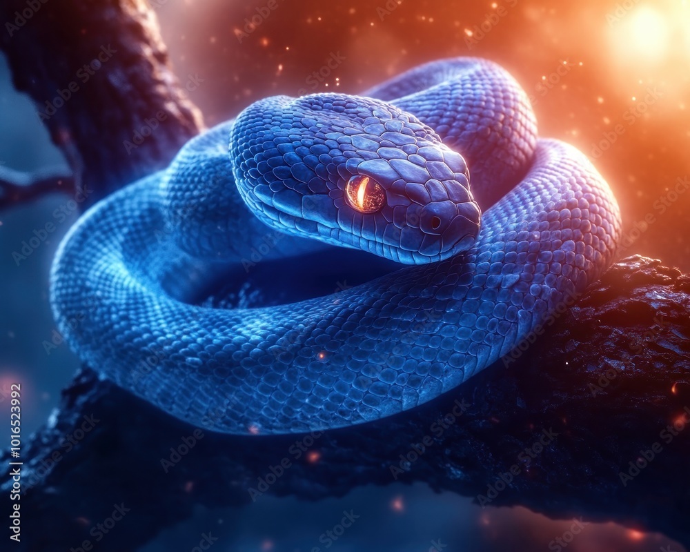 Fototapeta premium Stunning Blue Snake Coiled Tightly Around Tree Branch, Shimmering in Low Light, A Captivating Display of Nature's Beauty and Mystery