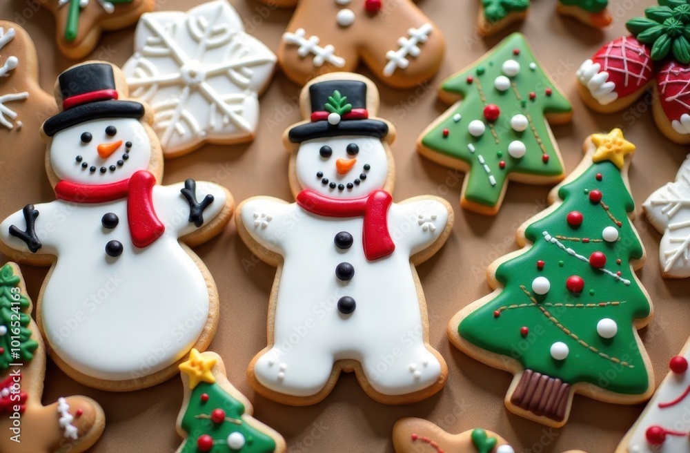 Fototapeta premium Christmas cookies featuring snowmen, gingerbread men, and Christmas trees. Generative AI tools