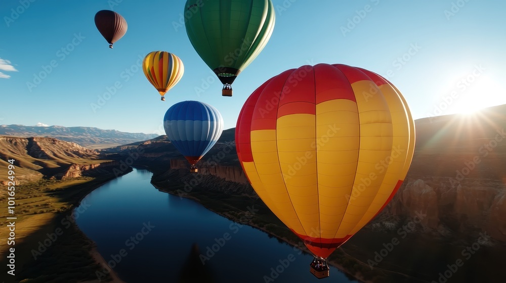Obraz premium Bright hot air balloons ascend over a majestic river canyon, their vivid colors contrasting with the serene blue sky, creating a sense of wonder and adventure.