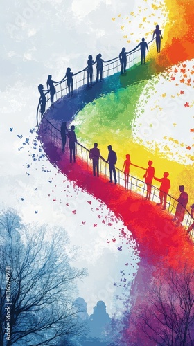 A diverse group of people stands on a colorful bridge, joining hands in a celebration of unity