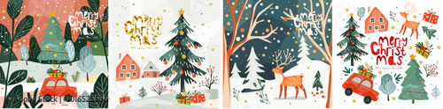 2025. Merry Christmas and Happy New Year! Vector cute illustration of winter landscape with Christmas tree, car with gifts, animal deer in forest for greeting card, poster, background or invitation