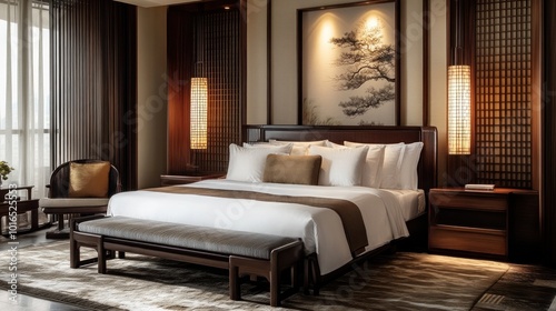 A luxurious bedroom that combines New Chinese aesthetics with modern luxury. It has minimalist wooden furniture and contemporary décor.