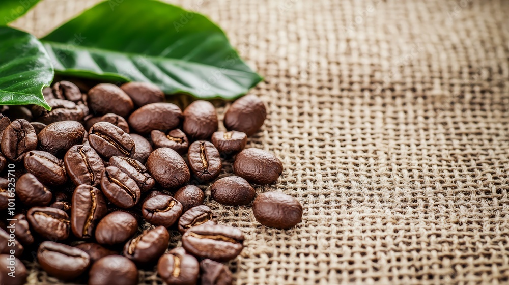 Fresh coffee beans with green leaves on burlap background. Fresh coffee beans with green leaves on burlap background.