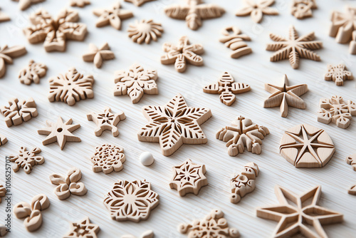 Miniature Christmas ornaments, handcrafted wooden stars and snowflakes, 3D illustration