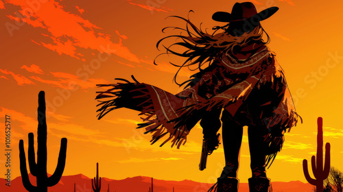 lone cowgirl stands silhouetted against fiery sunset, her long hair whipping in wind, sense of adventure and freedom radiating from her pose.