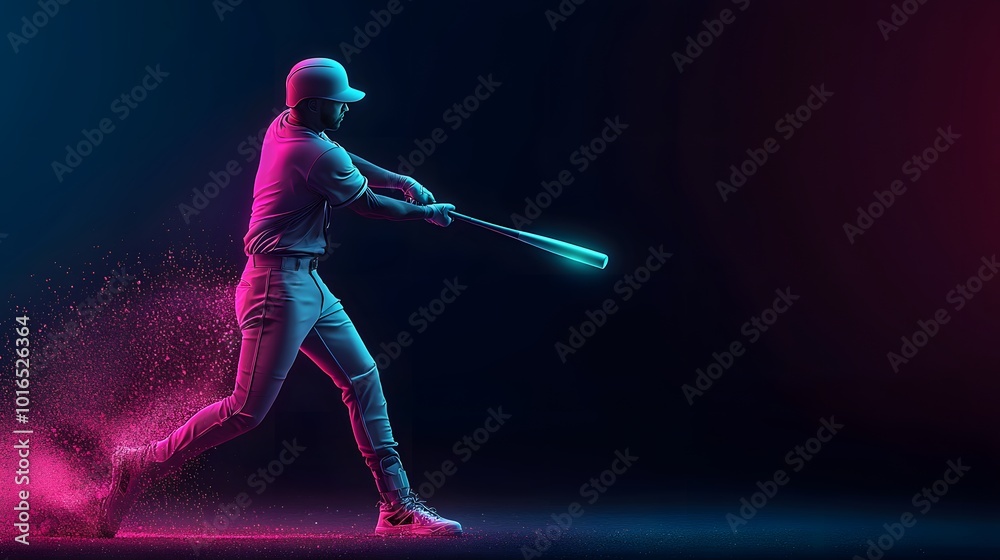 A baseball player intensely swings at a glowing ball amidst a vibrant neon backdrop, creating energy, motion, and excitement in the air. Sport Vibes Concept A baseball player intensely swings at a glowing ball amidst a vibrant neon backdrop, creating energy, motion, and excitement in the air. Sport Vibes Concept
