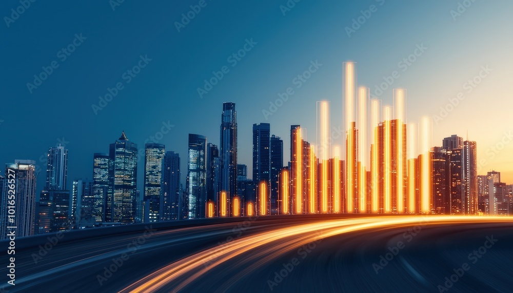 Obraz premium A vibrant city skyline at dusk, illuminated by glowing bars representing data, suggesting growth and innovation.