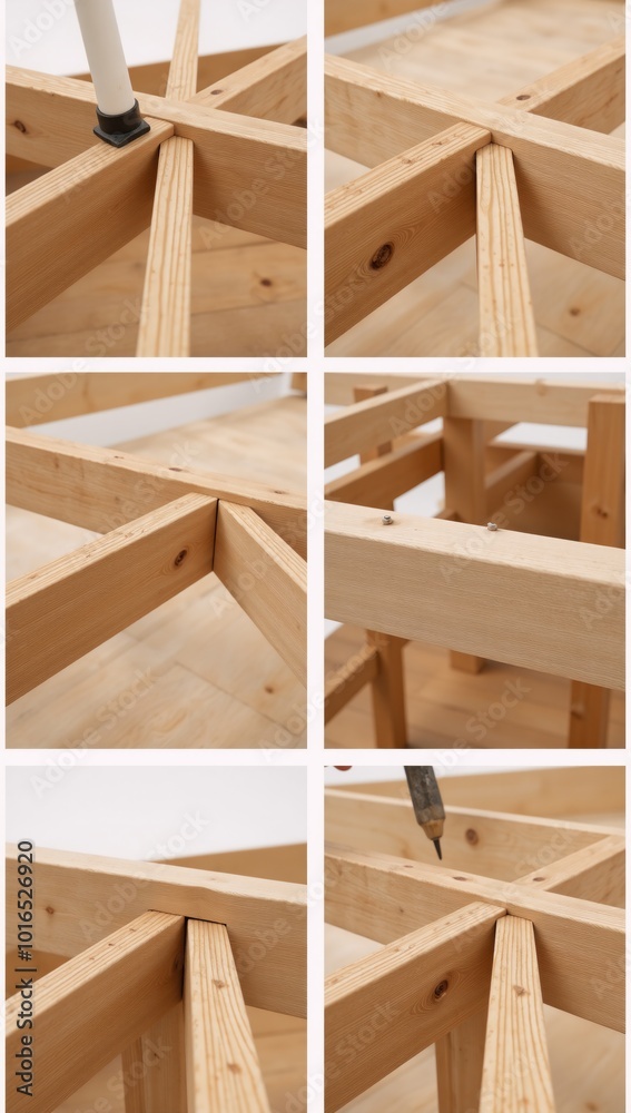 Wooden home under construction depicted as a frame made of boards and beams