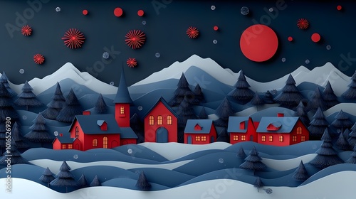 Vector papercut fireworks bursting over a serene winter landscape, providing a joyful New Year card backdrop photo