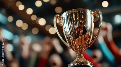 A magnificent gold trophy stands illuminated with an enthusiastic crowd blurred in the background, portraying triumph and the spirit of celebration in competitive sports.