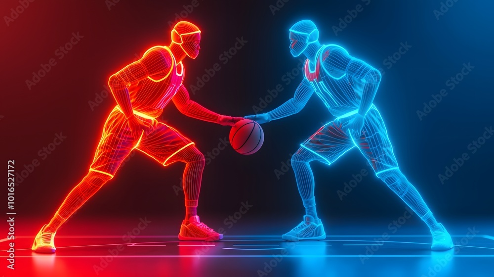 Two dynamic basketball players, glowing in red and blue, face each other, hands almost touching a ball, against a dark, solid background. Sport Vibes Concept Two dynamic basketball players, glowing in red and blue, face each other, hands almost touching a ball, against a dark, solid background. Sport Vibes Concept