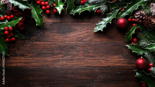 Ornaments and holly adorn a warm wooden surface, capturing the cozy spirit of the holiday season, reflecting joy and a sense of welcoming charm. photo