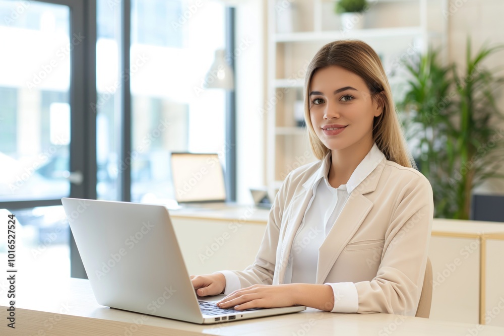 Young woman sits at desk, laptop open, engrossed in work. Beige blazer, white shirt. Natural shines through window. Indoor office setting with plant. Reception desk, modern office, young pro, female Young woman sits at desk, laptop open, engrossed in work. Beige blazer, white shirt. Natural shines through window. Indoor office setting with plant. Reception desk, modern office, young pro, female
