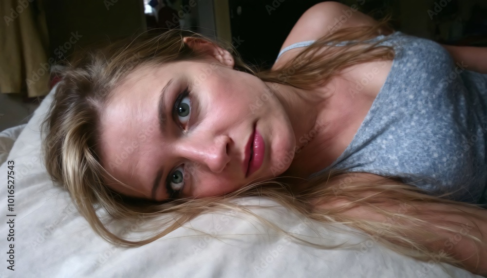Woman Waking Up in Bed with Grey Tank Top. Woman Waking Up in Bed with Grey Tank Top.