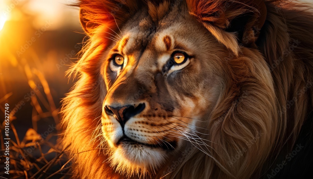 Naklejka premium Majestic lion with intense gaze in golden sunset, symbolizing strength and courage