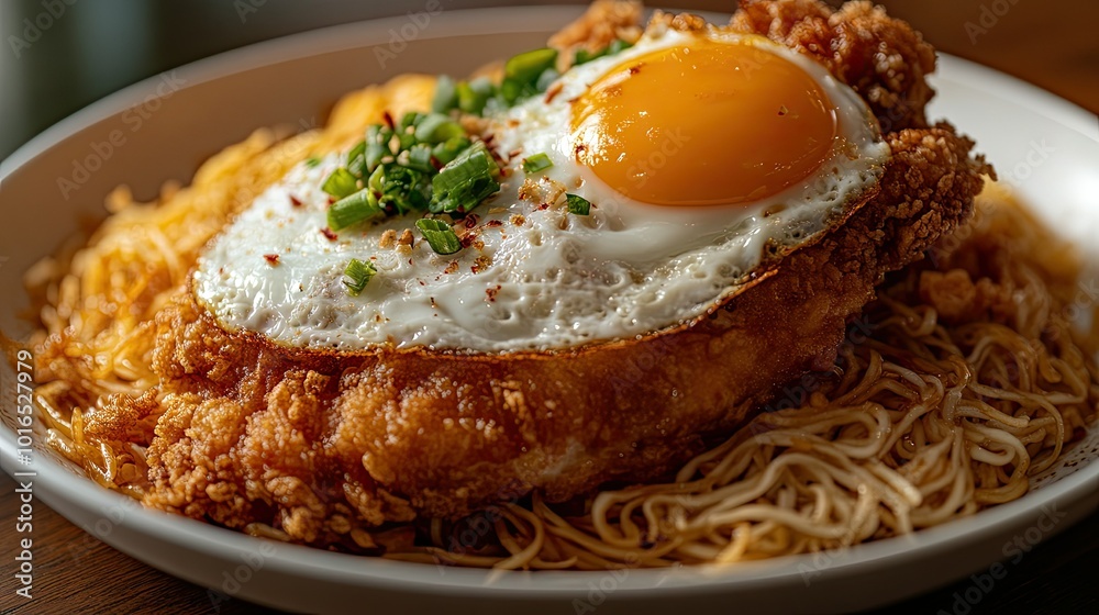 A heaping portion of fried bee hoon served with a slice of fried chicken and a sunny-side-up egg on top A heaping portion of fried bee hoon served with a slice of fried chicken and a sunny-side-up egg on top